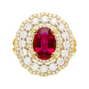 2.58 Carat Oval Thai Ruby & Triple Diamond Halo Retro Wide Frame Ring