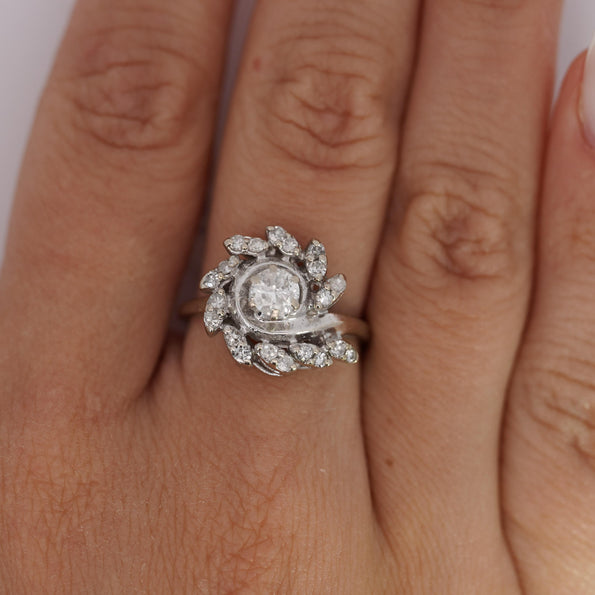 0.45 Carat Old European Cut Diamond Halo 14K White Gold Floral Engagement Ring