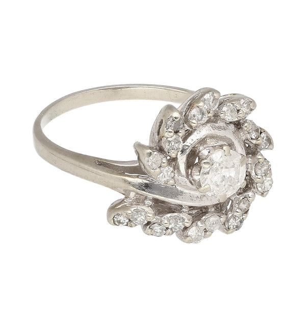 0.45 Carat Old European Cut Diamond Halo 14K White Gold Floral Engagement Ring
