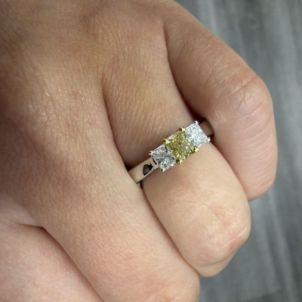 0.87 Carat Yellow and White Diamond Princess Cut 18K 3 Stone Ring