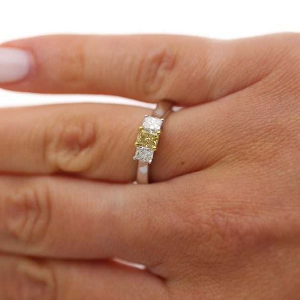 0.87 Carat Yellow and White Diamond Princess Cut 18K 3 Stone Ring