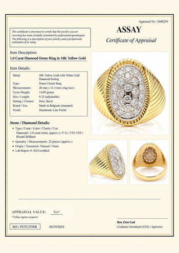 Ring bicolore in oro 18K con cluster di diamanti da 1 carato e cupola zigrinata – Assay Jewelers