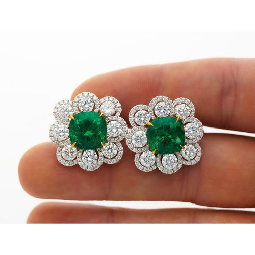 10 Carat Colombian Emerald GRS Certified Cushion Cut Minor Oil Diamond Earrings