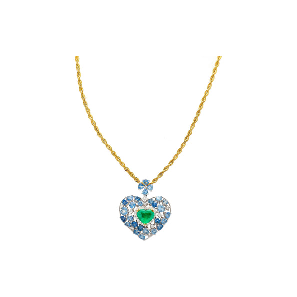 10 Carat Heart-Shape Colombian Emerald, Aquamarine, and Diamond 18K Necklace