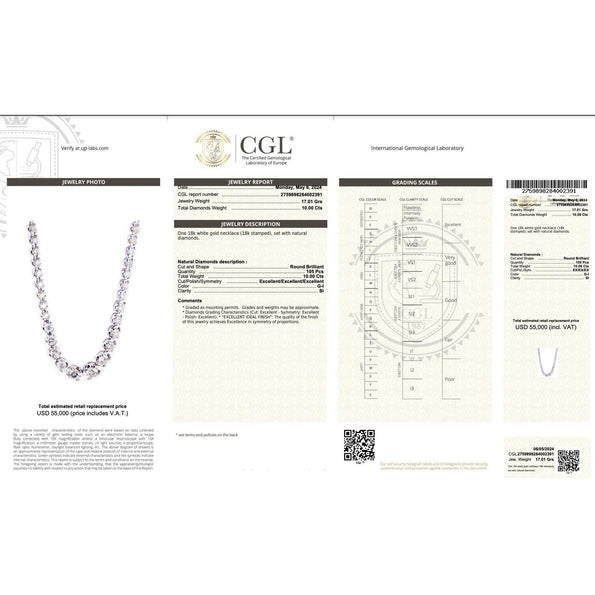10 Carat Natural Diamond Graduated Tennis Necklace 18K White Gold 16.5 Inches