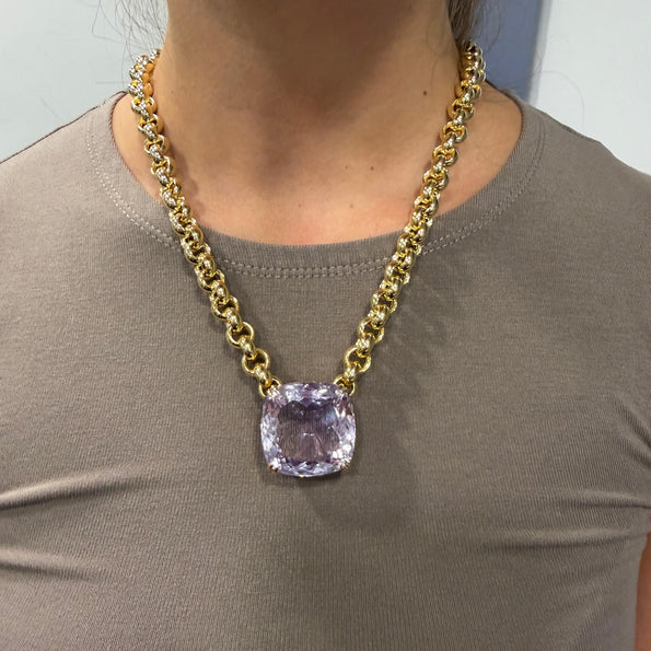 106.63 Carat Pink Amethyst Cushion 18K Gold Solitaire Chain Necklace
