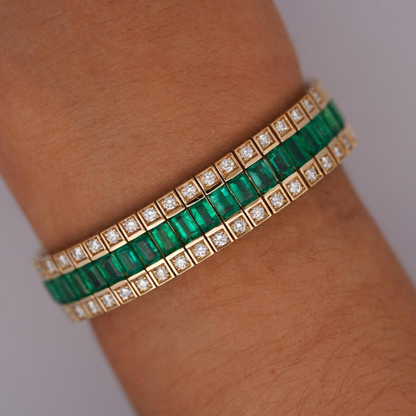 10.18 Carat Emerald and Diamond Baguette 14K Gold Three Row Bracelet