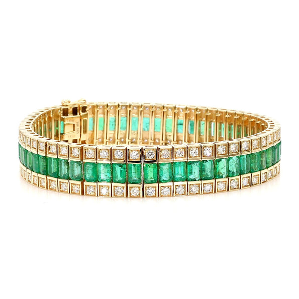 10.18 Carat Emerald and Diamond Baguette 14K Gold Three Row Bracelet