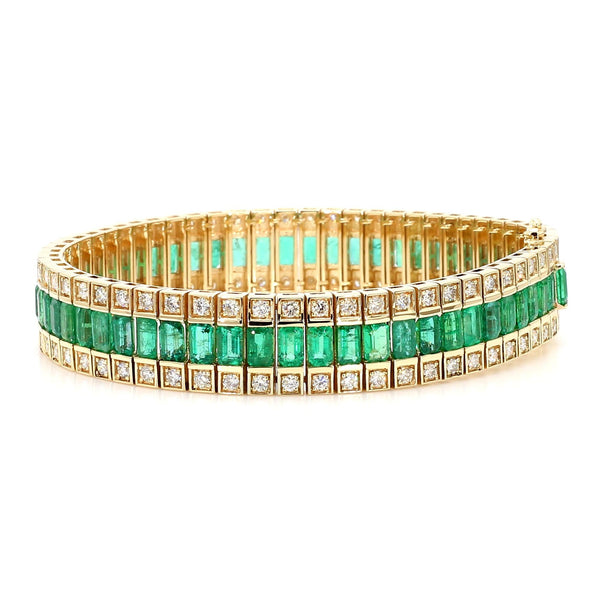 10.18 Carat Emerald and Diamond Baguette 14K Gold Three Row Bracelet