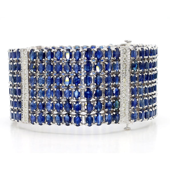 110 Carat Blue Sapphire & Diamond 14K White Gold Six Row Wide Wrap Bracelet