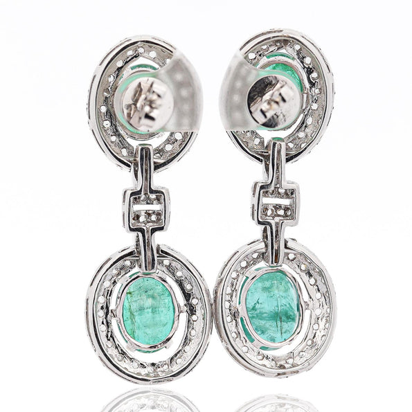 12 Carat Natural Oval Emerald & Rose-Cut Diamond Drop Earrings in 18K White Gold
