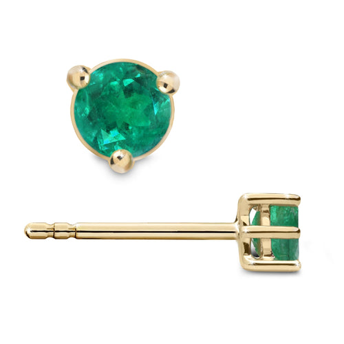 2 Ct Natural Emerald 3-Prong 14K Gold Round Stud Earrings