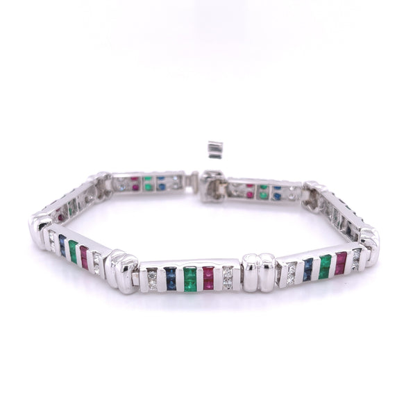 12 carat Diamond, Ruby, Emerald and Sapphire 18K White Gold Bracelet