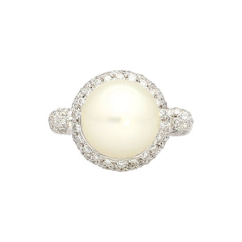 Bague en or blanc 18k avec perle blanche des mers du Sud de 12,3 mm et diamants pavés taille ronde – Assay Jewelers