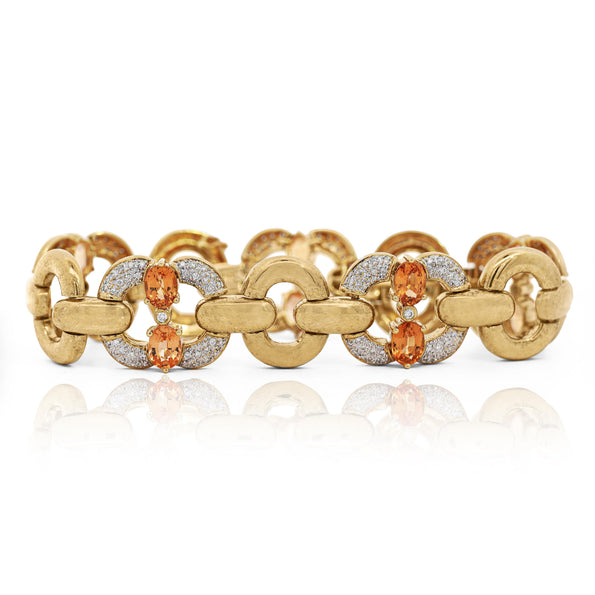 12.75 Carat Oval Spessartine Garnet & Diamond 18K Gold Wide Oval Link Bracelet