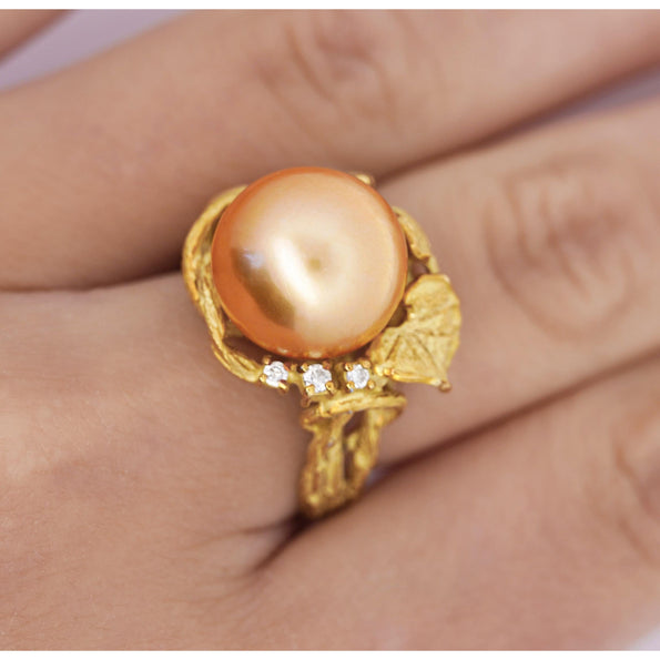 12.8mm Golden South Sea Pearl and Round Cut Diamonds Ring in 18k Yellow Gold