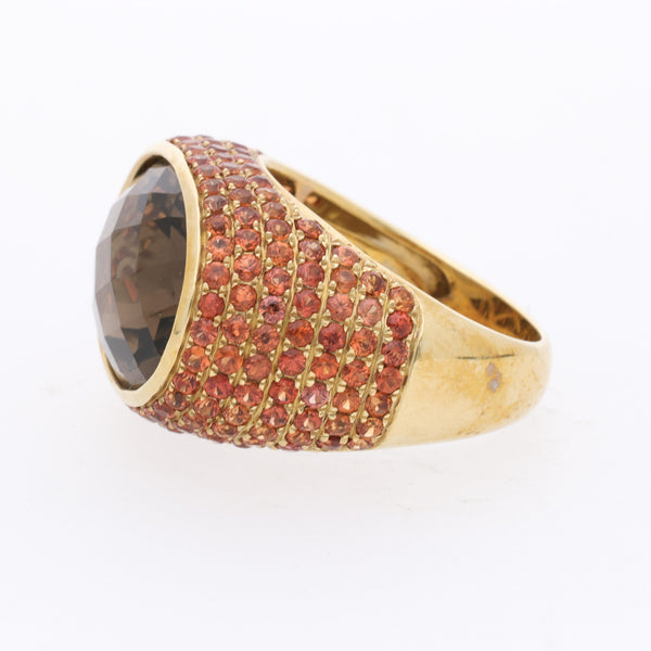 13.50 Carat Checkerboard Smoky Topaz & Orange Sapphire Pave Dome 14K Gold Ring