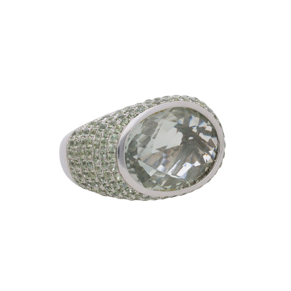 13.50 Carat Oval Checkerboard Cut Green Amethyst Pave 14K White Gold Dome Ring