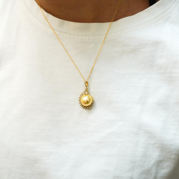 13mm Golden South Sea Pearl & Diamond 18K Gold Pendant Necklace