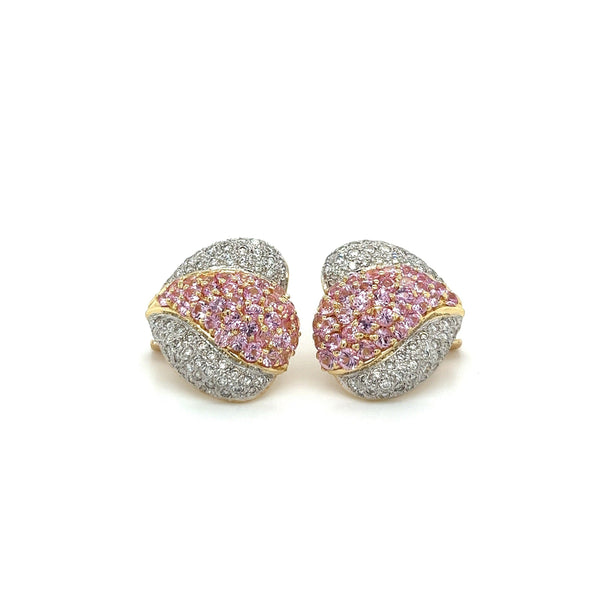 14K Gold Pink Sapphire and Diamond Heart Clip On Earrings