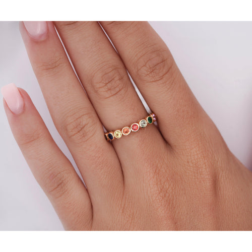 14K Gold Rainbow Multi Color Bezel Set Gemstone Stacking Band Ring