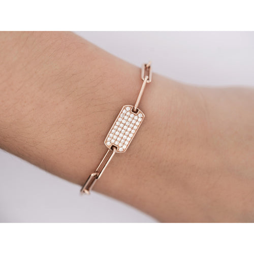 14K Rose Gold ID Tag Round Diamond Pave Cable Link Chain Bracelet