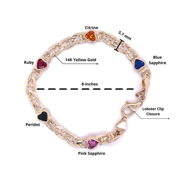 14K Yellow Gold Heart-Shape Multi Gemstone Charm Bracelet | Pink/Blue Sapphire, Peridot, Citrine, Ruby