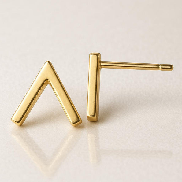 14K Yellow Gold V Shape Stud Earrings On Push Backs