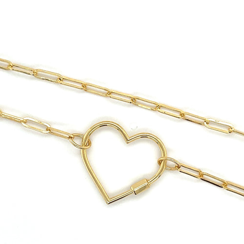 14Kt Real Gold Heart Charm Necklace With Paper Clip Chain