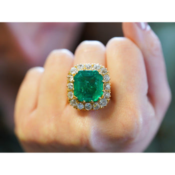 14.51 Carat Insignificant Oil Colombian Emerald & Old Euro Cut Diamond Halo Ring – Assay Jewelers