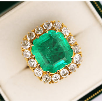 14.51 Carat Insignificant Oil Colombian Emerald & Old Euro Cut Diamond Halo Ring – Assay Jewelers