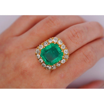 14.51 Carat Insignificant Oil Colombian Emerald & Old Euro Cut Diamond Halo Ring – Assay Jewelers