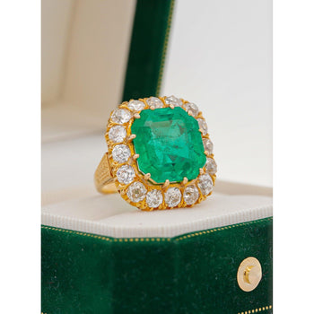 14.51 Carat Insignificant Oil Colombian Emerald & Old Euro Cut Diamond Halo Ring – Assay Jewelers