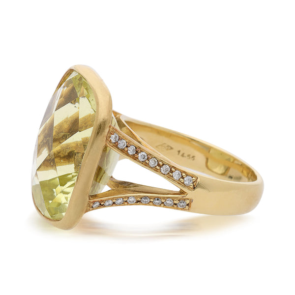 14.55 Carat Cushion Peridot & Diamond Split Shank 18K Yellow Gold Cocktail Ring