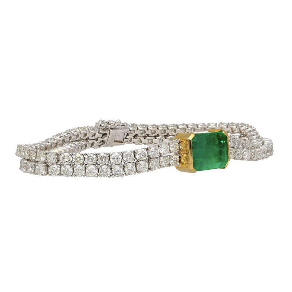 14ct Emerald Center and Diamond 2 Strand Tennis Bracelet