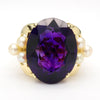 15 Carat Oval Amethyst and Pearl 18K Gold Retro Statement Ring