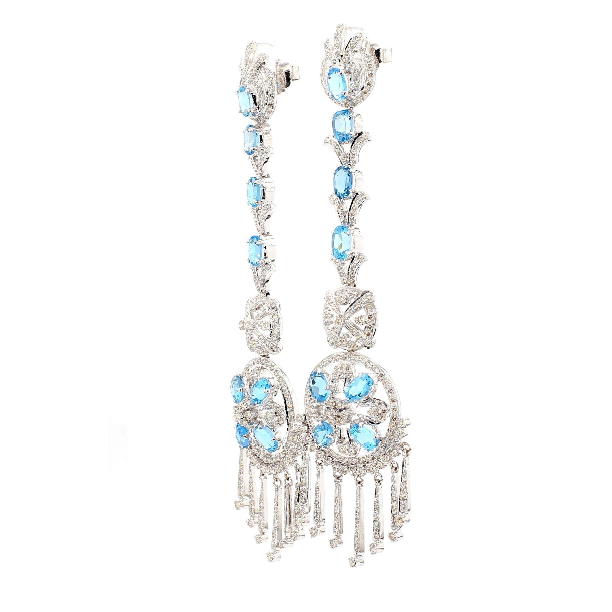 15 Carat Oval Aquamarine & Diamond 18K White Gold Retro Dangle Earrings