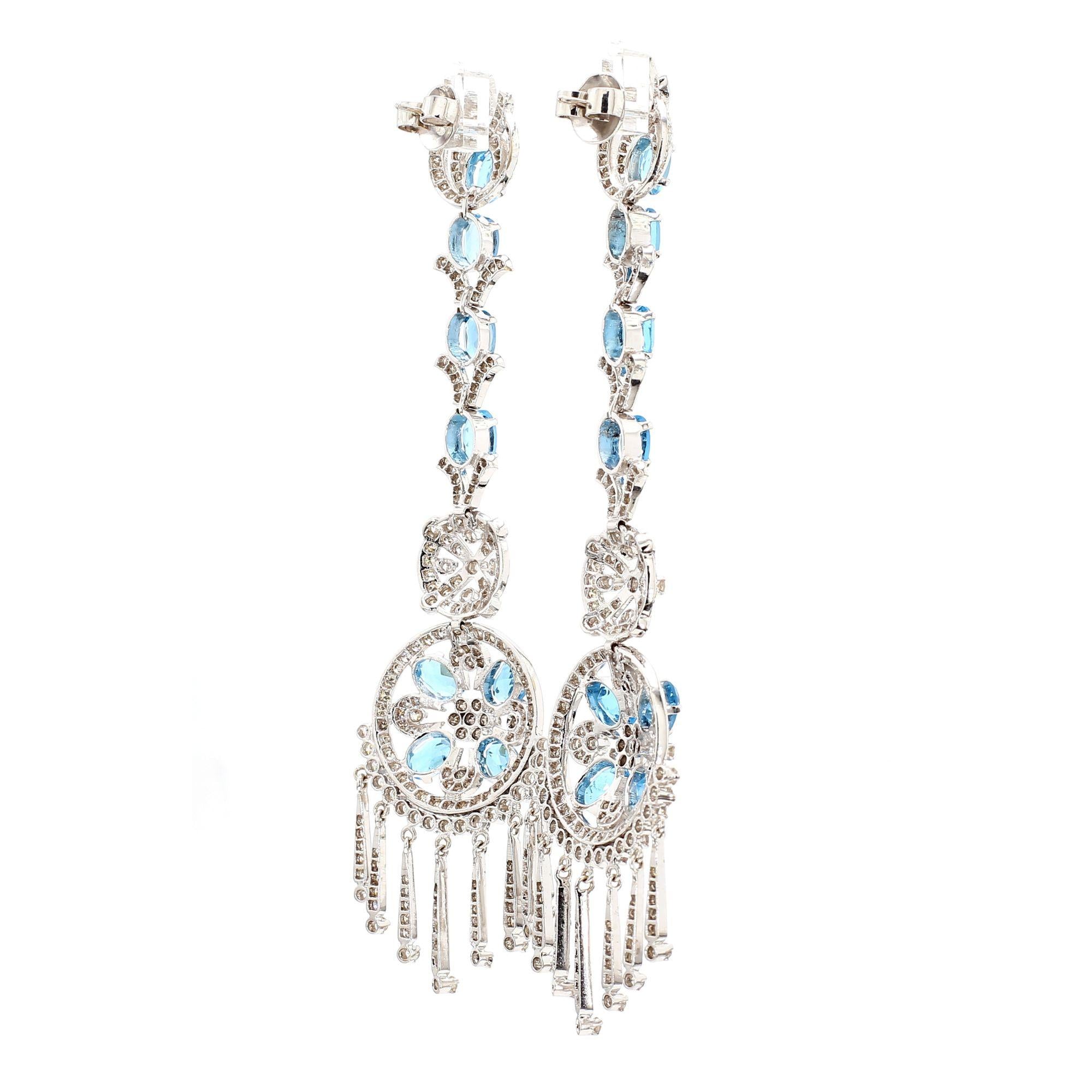 15 Carat Oval Aquamarine & Diamond 18K White Gold Retro Dangle Earrings