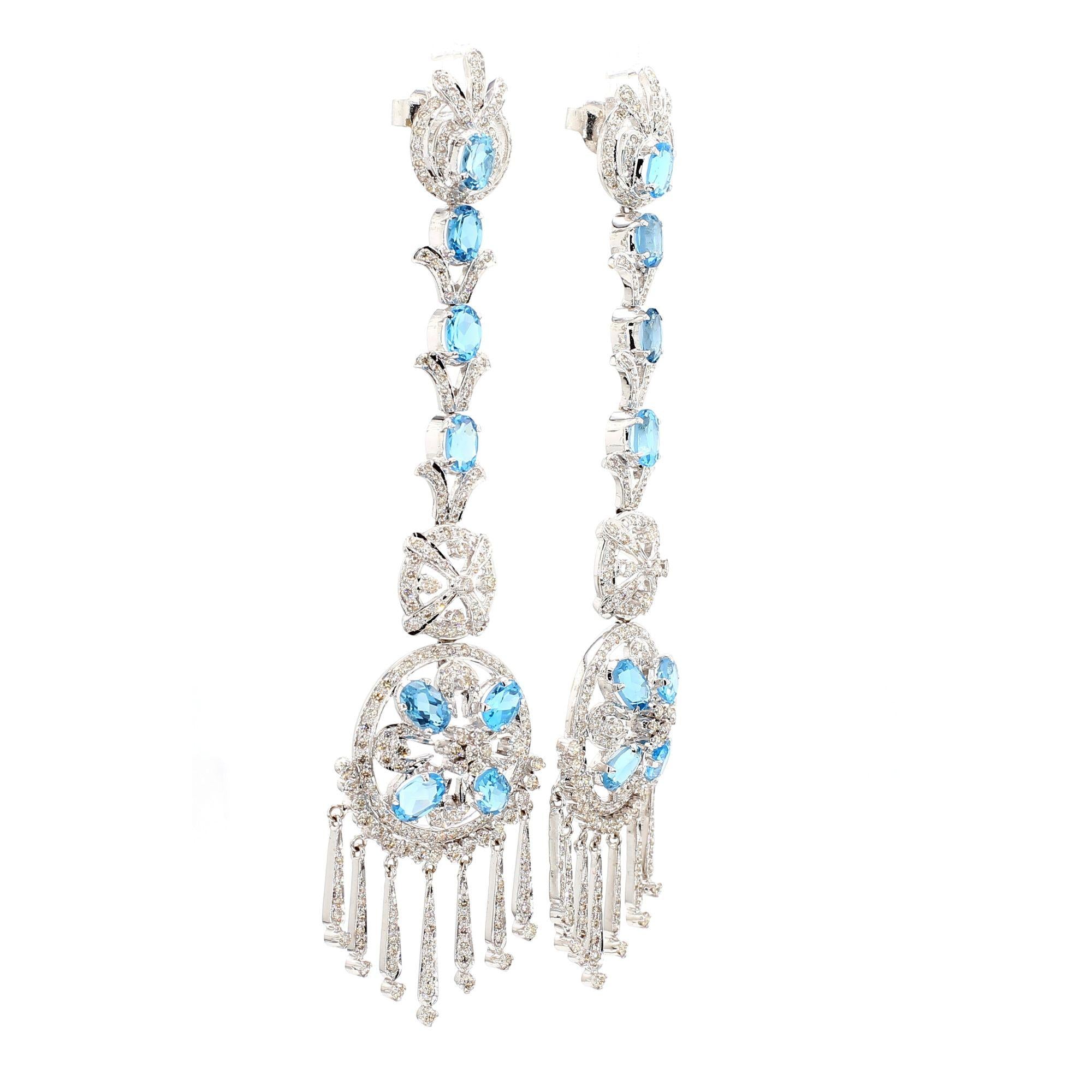15 Carat Oval Aquamarine & Diamond 18K White Gold Retro Dangle Earrings
