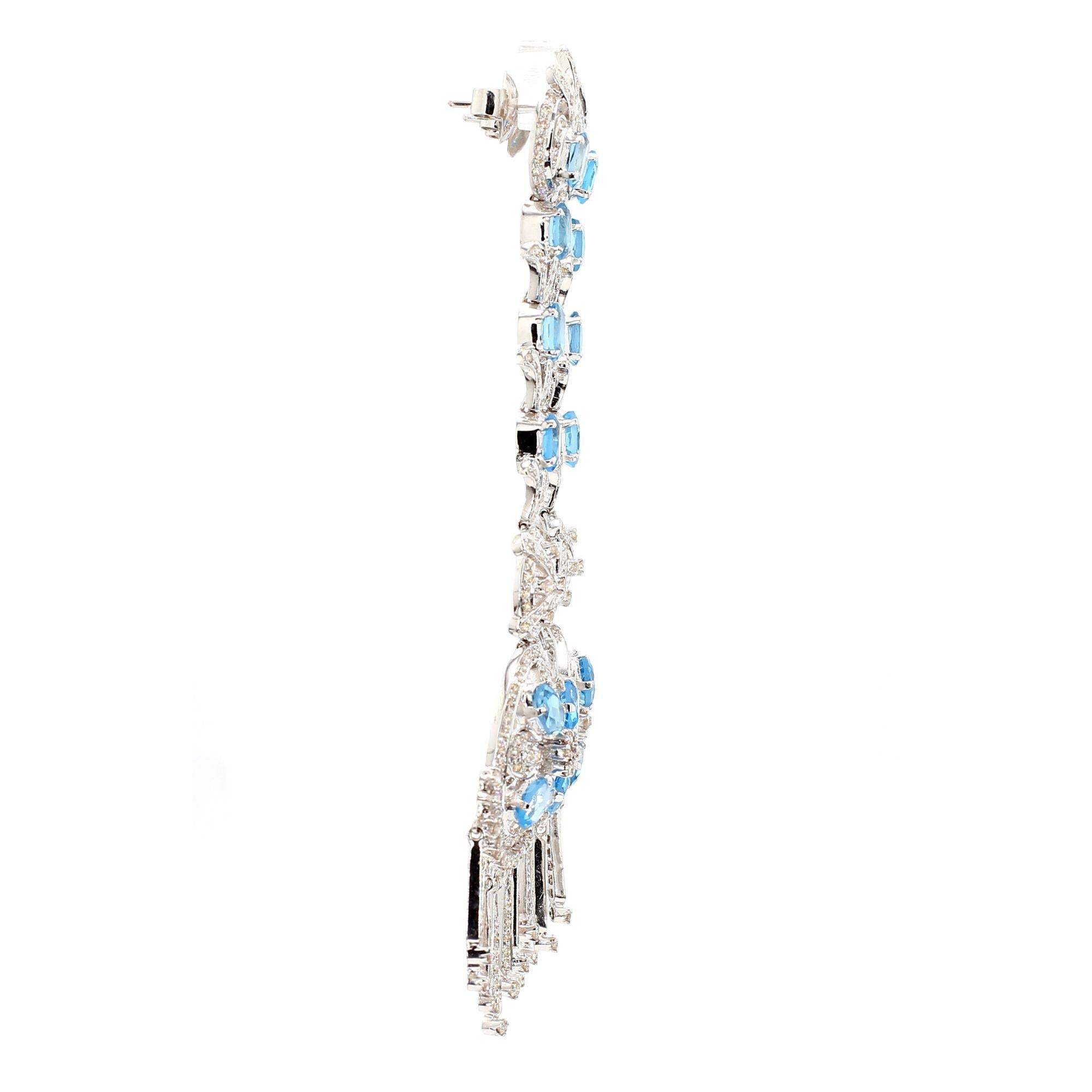 15 Carat Oval Aquamarine & Diamond 18K White Gold Retro Dangle Earrings