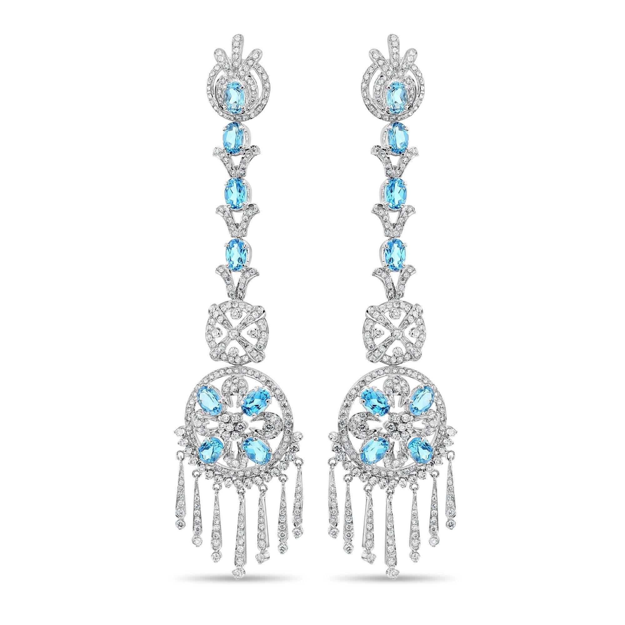 15 Carat Oval Aquamarine & Diamond 18K White Gold Retro Dangle Earrings