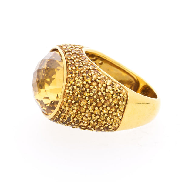 15 Carat Oval Checkerboard Citrine & Citrine Pave 14K Yellow Gold Cocktail Ring