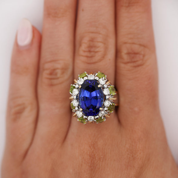 15.62 Carat Tanzanite, Peridot, Diamond Halo 18K White Gold Cluster Ring