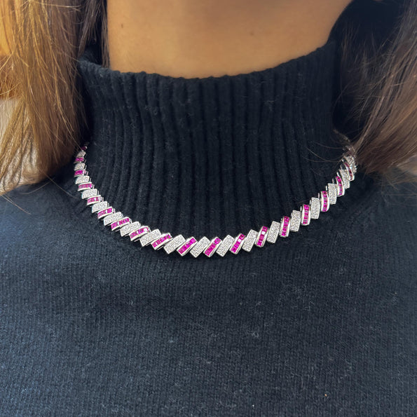 16.25 Carat Ruby & Diamond 18K White Cascade Link Necklace