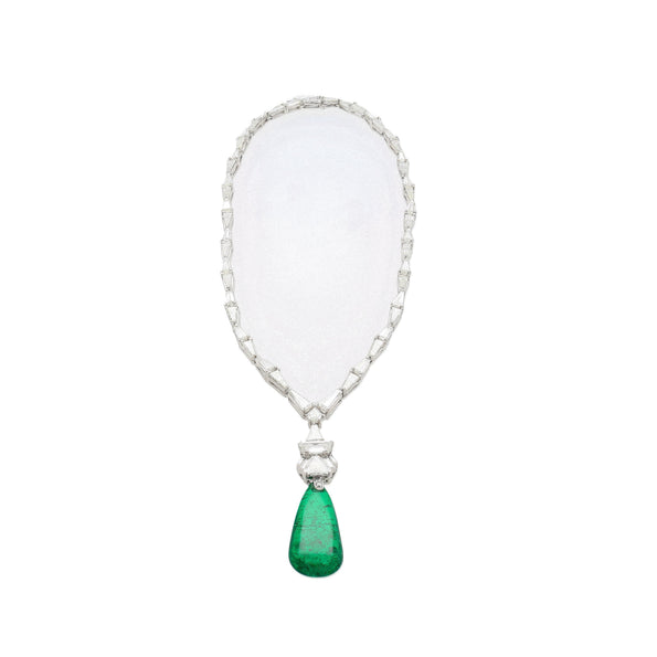 17 Carat Old Mine Insignificant Oil Colombian Drop Emerald & Diamond 18K Gold Necklace
