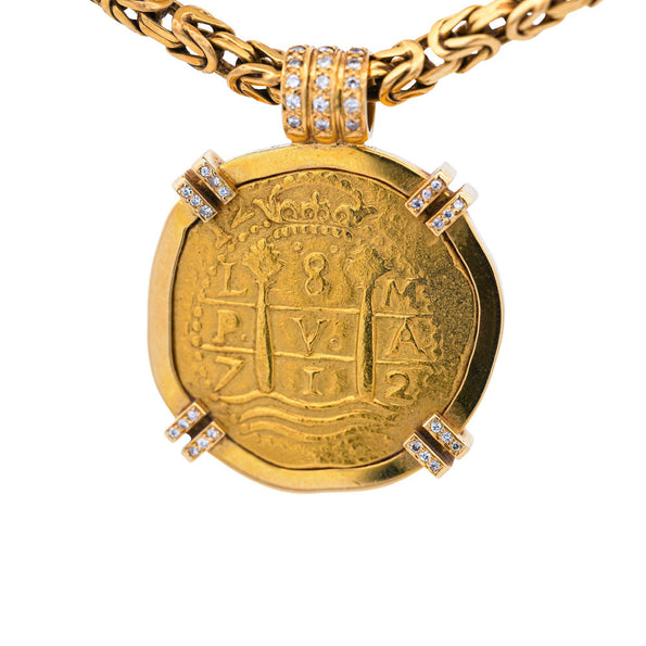 1712 Spanish 8 Escudo Cob Coin 1715 Fleet Wreck 22K & 18K Gold Pendant Necklace