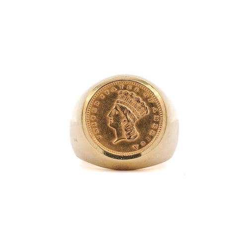 1856 Lady Liberty 1 Dollar Coin in 10K Gold Bezel Unisex Signet Ring