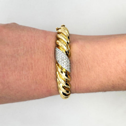 18K Gold Hammered Finish Diamond Pave Bangle Bracelet