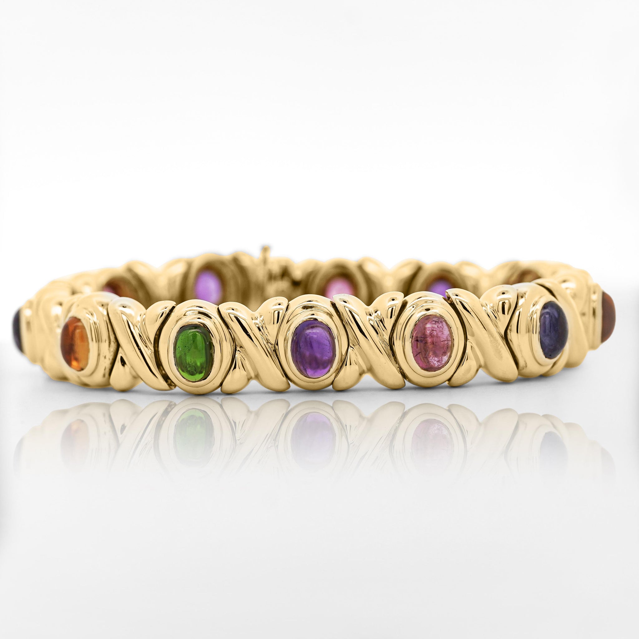 18K Gold Multi Color Gemstone Vintage Estate X Bezel Bracelet