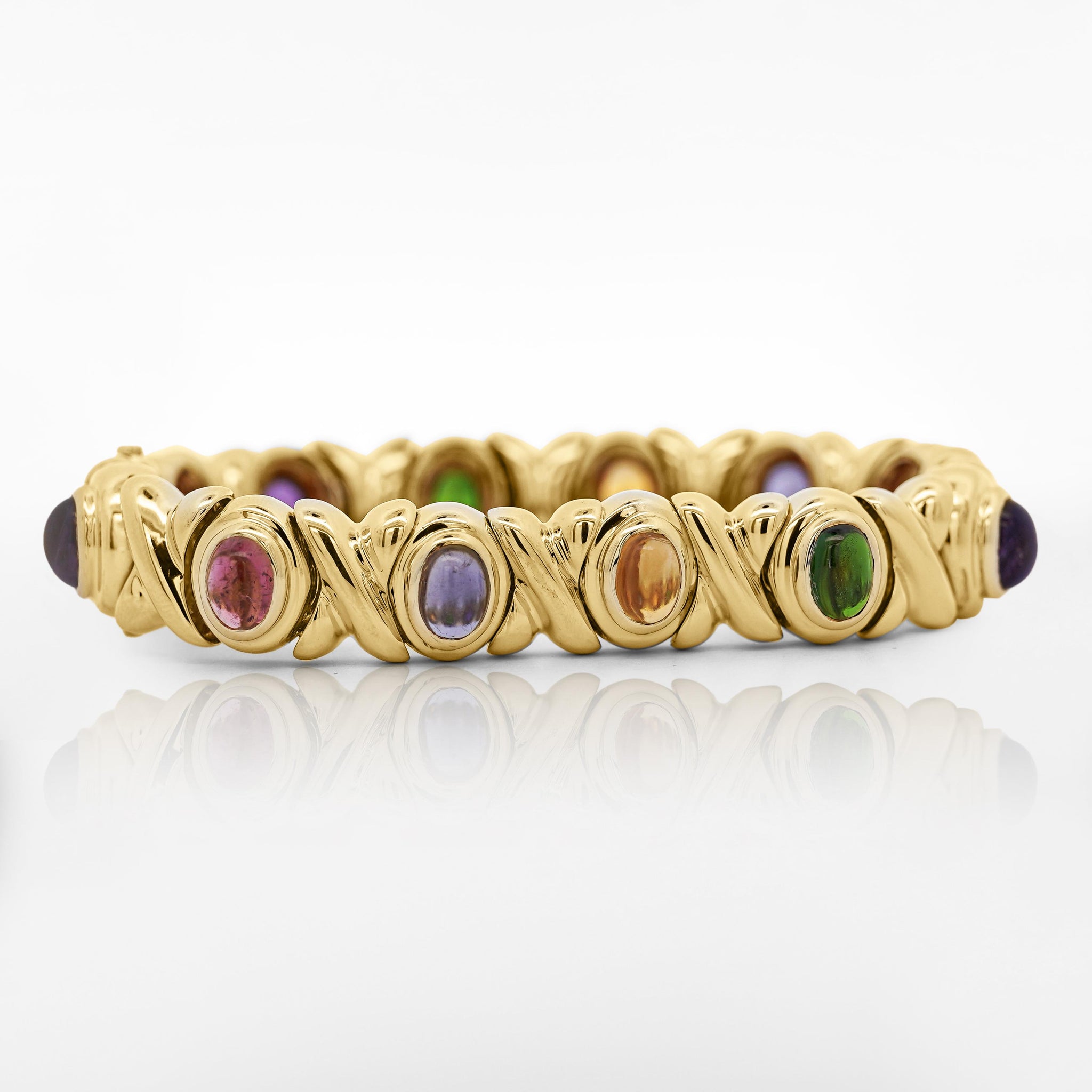 18K Gold Multi Color Gemstone Vintage Estate X Bezel Bracelet